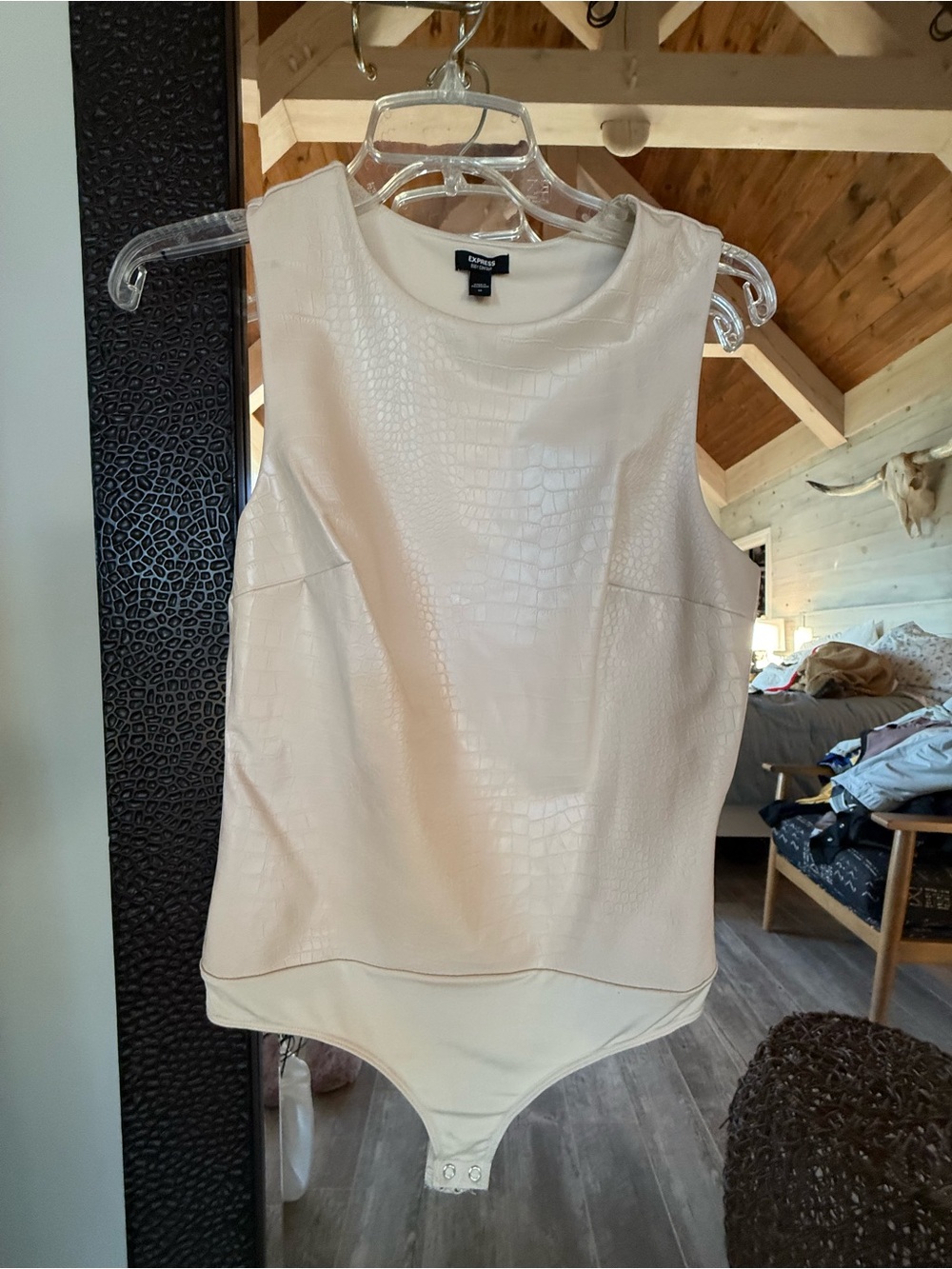 Express Cream Croc-Embossed Faux-Leather Sleeveless Bodysuit